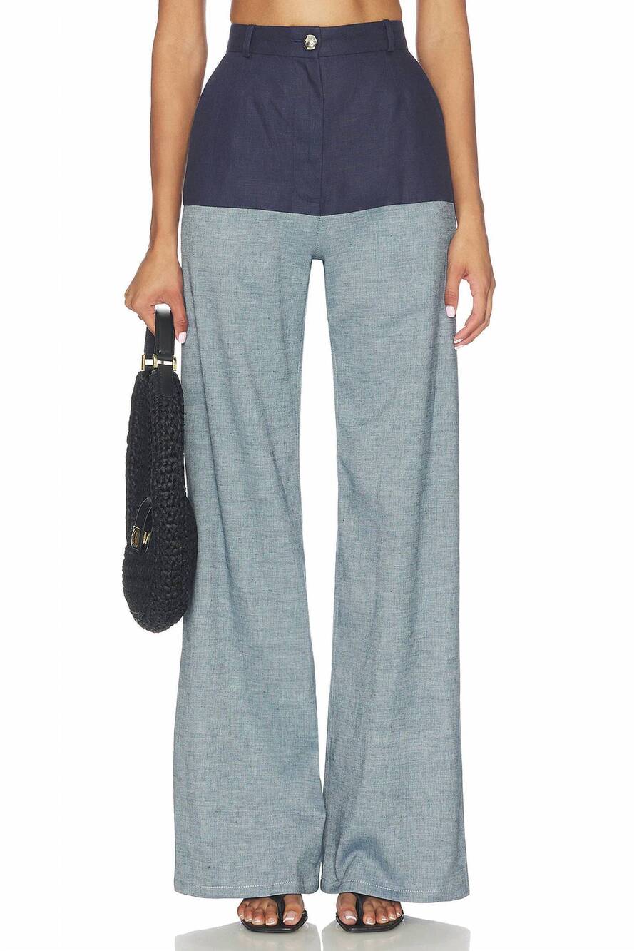 NEW MATTHEW BRUCH high-waist combo jeans in navy linen